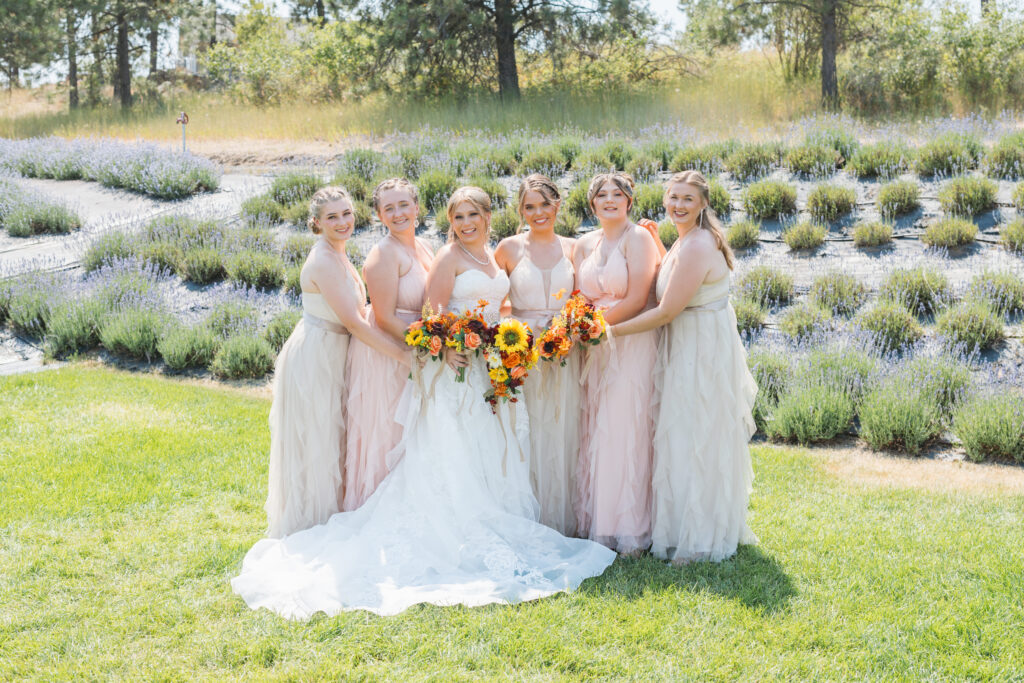 Spokane wedding venue with bridesmaid dresses and wedding dress