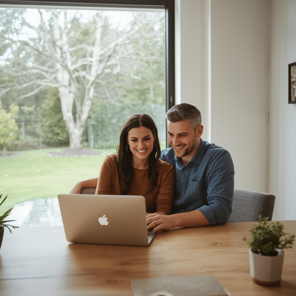 Newly engaged couple searching for a free wedding website and RSVP system for wedding guest management