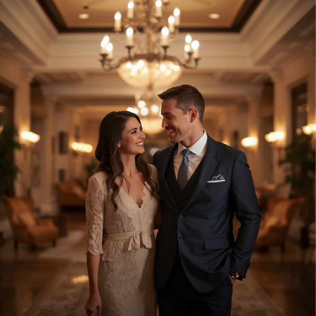 Wealthy wedding guests checking into a luxury hotel in Spokane valley. 