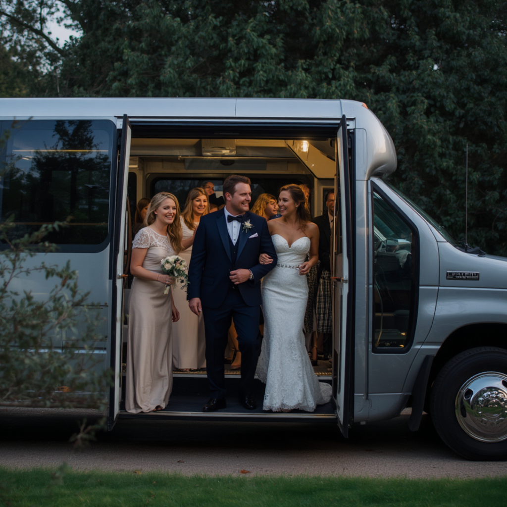 Wedding guests sharing a shuttle from the Spokane airport to the hotel and then on to the wedding venue, Lavender Manor. 