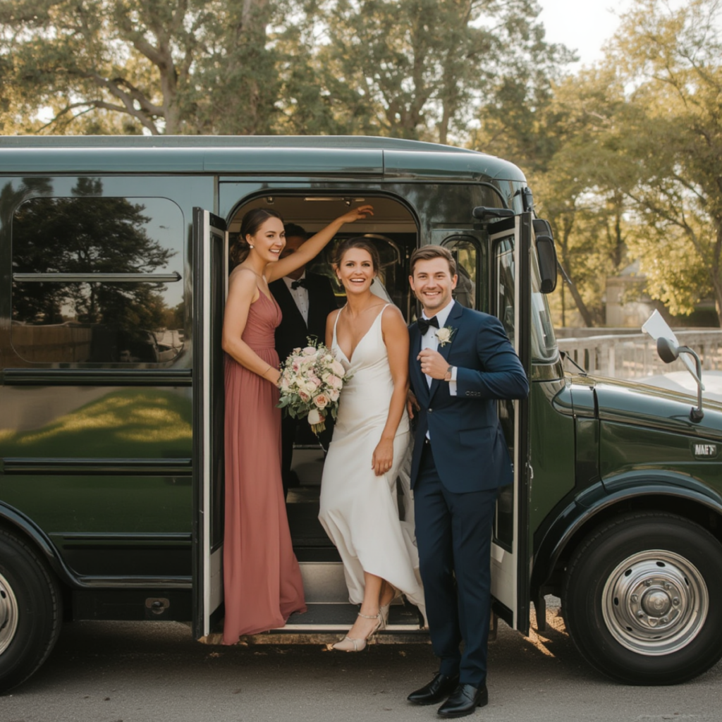 Wedding guests dressed in formal attire arrive by shuttle to a Spokane wedding venue 
