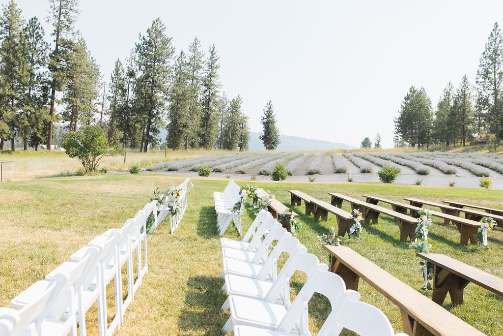 Planning a Spokane Wedding Near Coeur d’Alene 4 Lavender field wedding ceremony with mountain views at Lavender Manor near Spokane