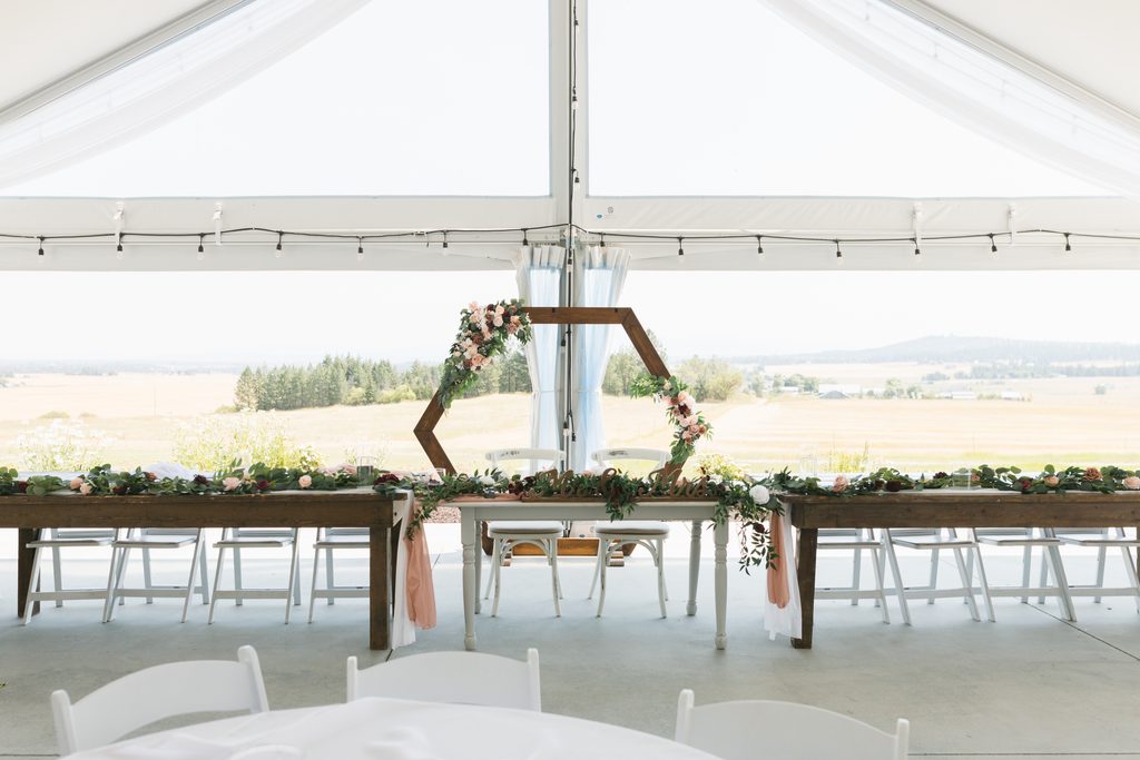 Wedding tables and reception decorations at Lavender Manor near Spokane
