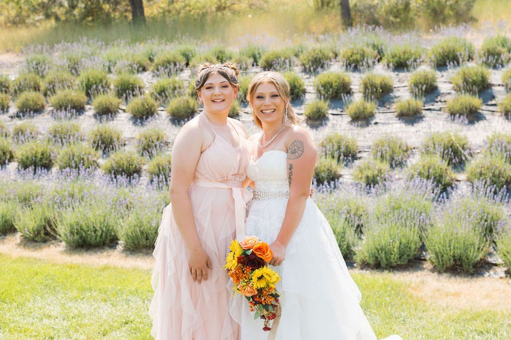 Bride and bridesmaid wedding portraits at Lavender Manor near Spokane